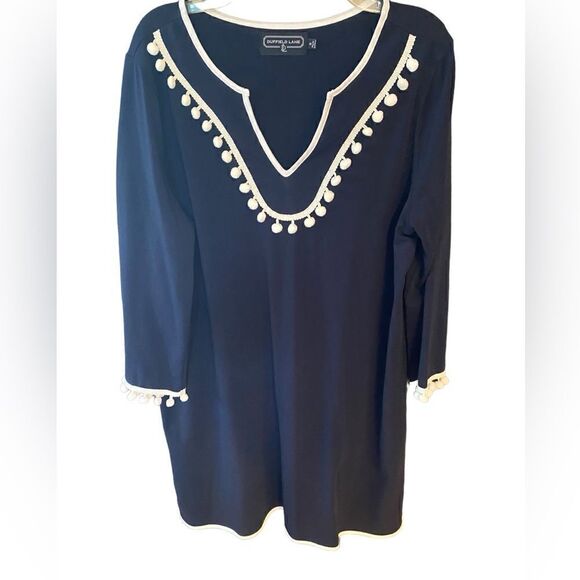 Duffield Lane Sz S Navy Blue White Pom Pom Fringe Detail Soft Cotton Shift Dress - Picture 1 of 8